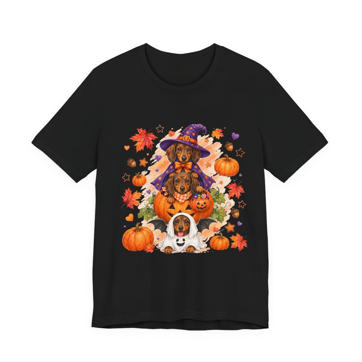 Dachshund Witch Halloween Pumpkin T-Shirt in Black