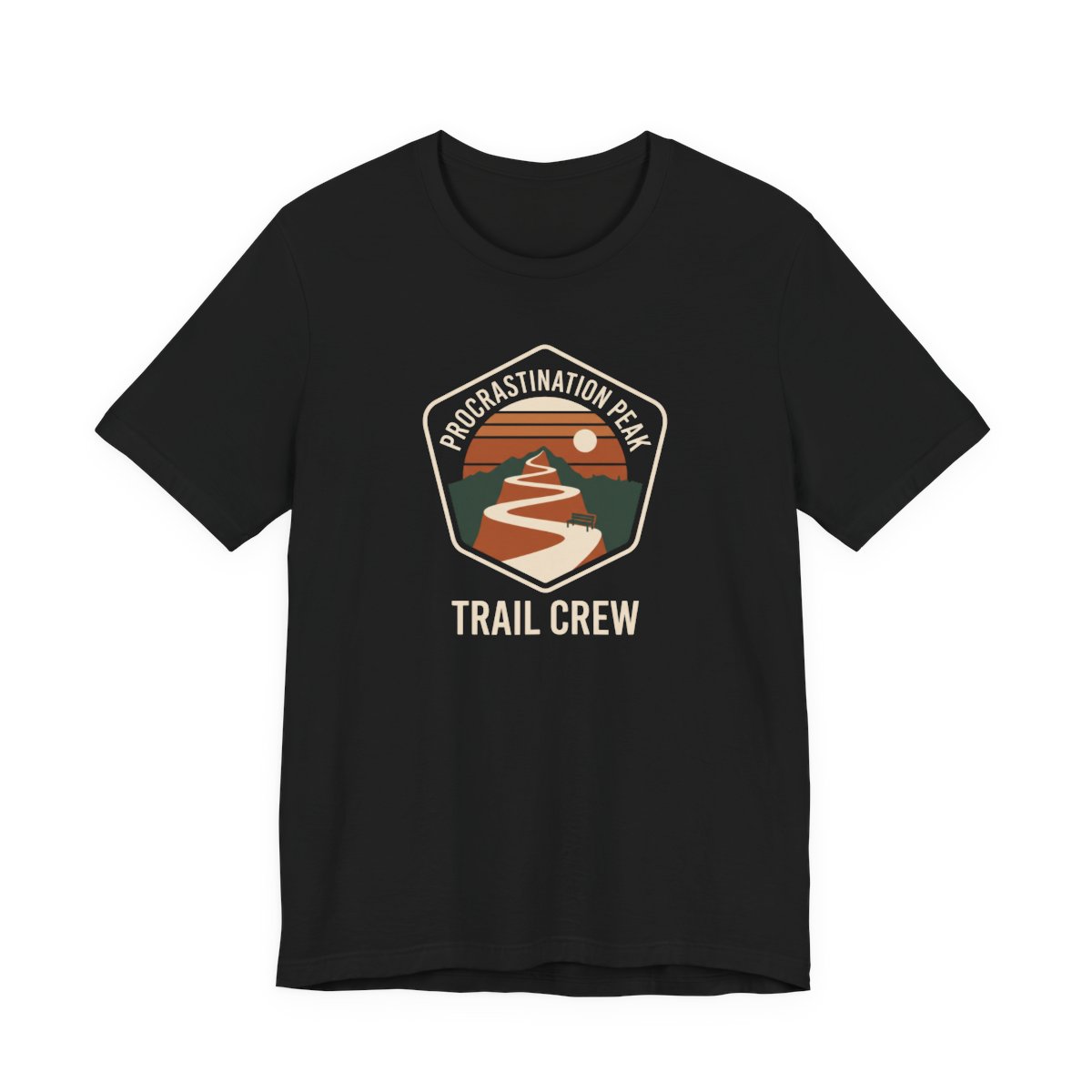 Procrastination Peak Trail Crew Tee - Funny Hiking Parody Shirt in Black