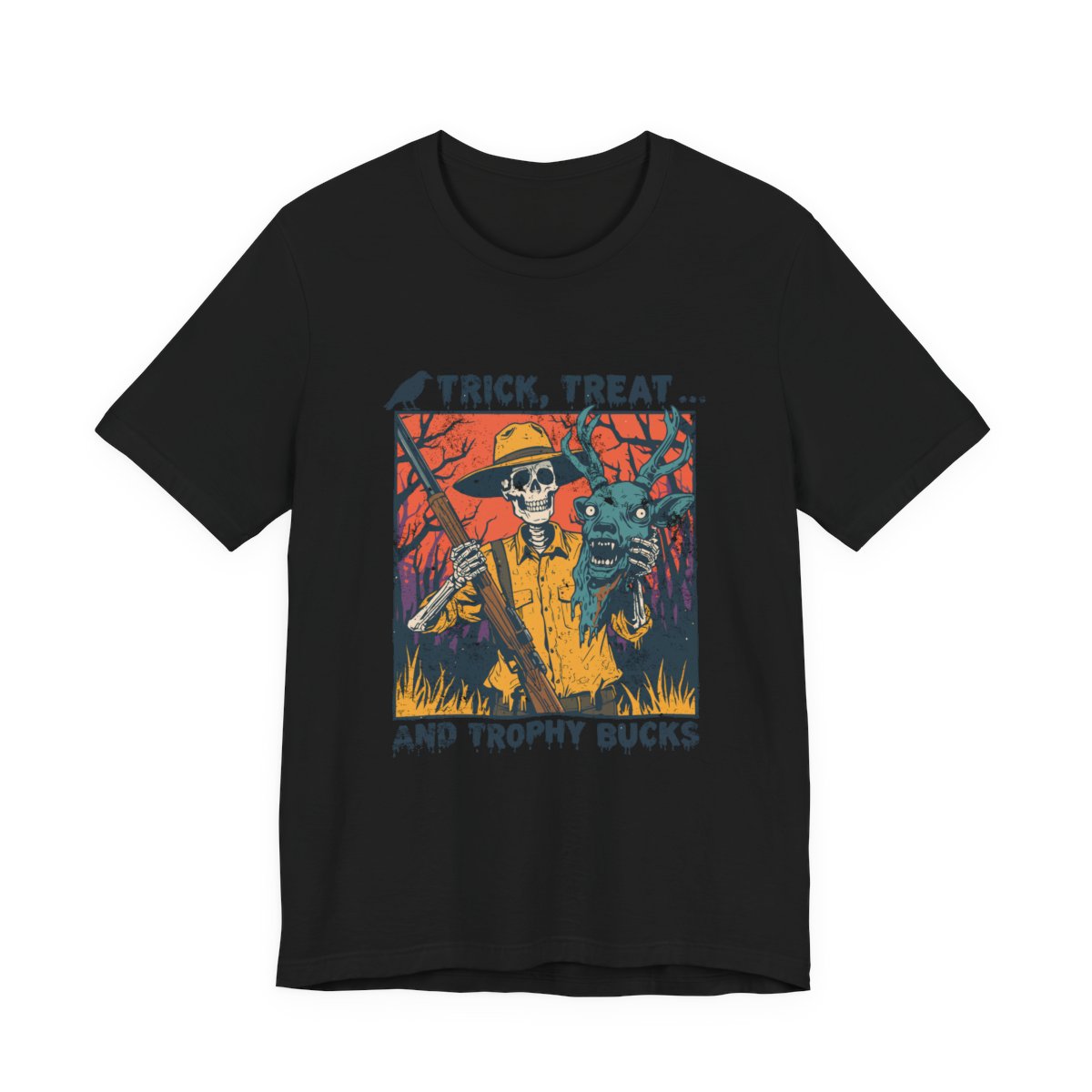 Trick Treat And Trophy Bucks Hunting T-Shirt in Black