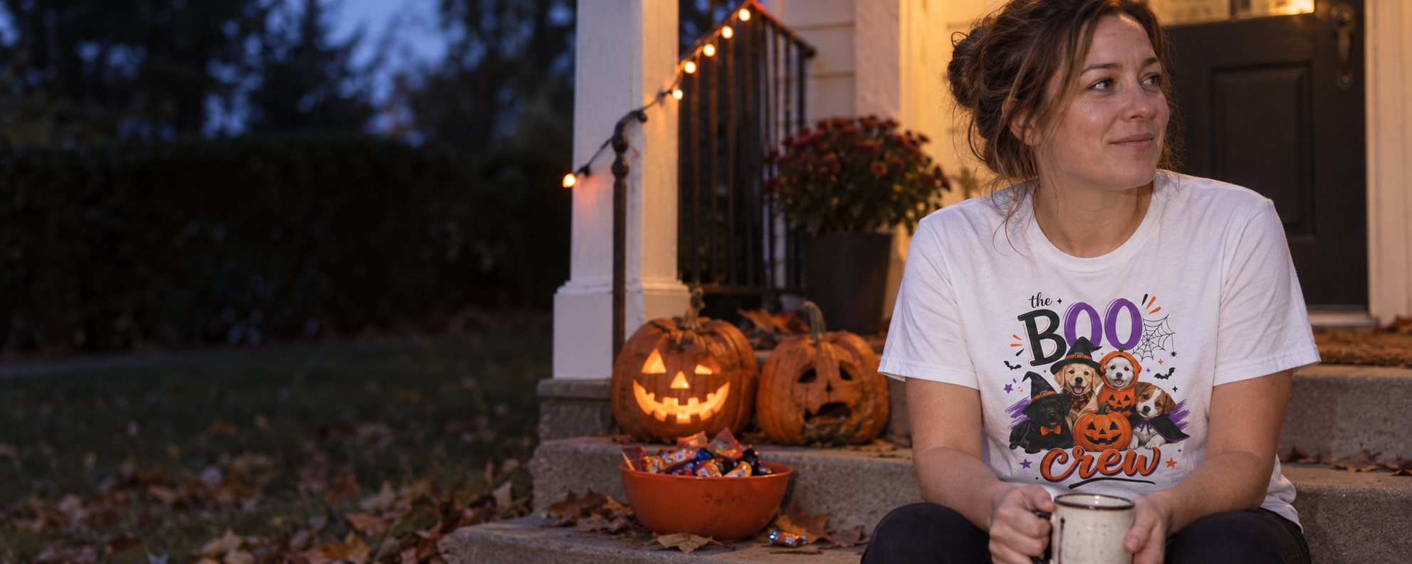A woman sitting on a front step at dusk on Halloween wearing a Boo Crew funny dog t-shirt